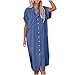 Robe d'été pour femme - Manches courtes - Boutonnée - Couleur unie - Style décontracté - Noir, bleu, XL