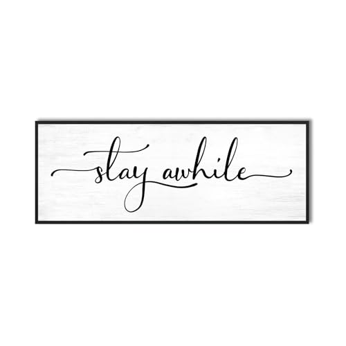 Stay Awhile Sign Wall Decor: 32"×12" Above Couch, Over Door/Bed Framed Canvas Wall Art for Living Room Guest Bedroom Stay Awhile 12"×32"