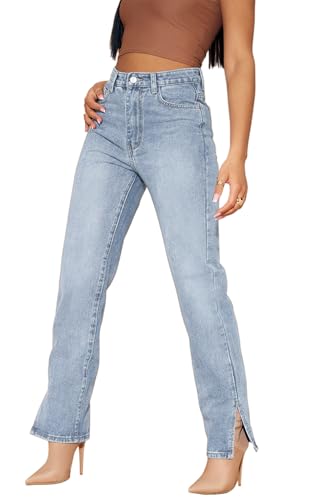 Women's Straight Leg Washed High Waist Denim Jeans Stretchy Trendy Split Hem Pants A-Blue