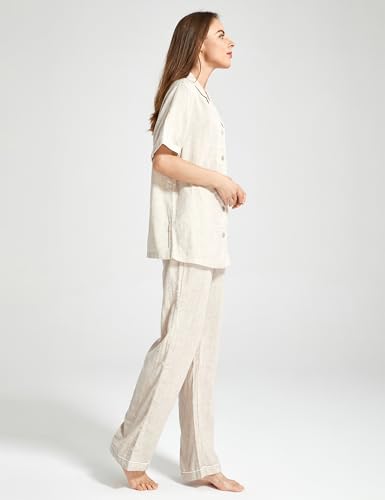 Image of Womens Muslin Pajama Set 100% Cotton Double Gauze Linen Like Breathable Soft Button Up Loungewear Sleepwear PJ Set