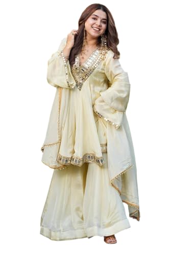 The Red Lion Enterprise Women Embroidered Chinon Silk Top Dhoti Dupatta Set Cream Ethnic Festive Wear Kurti Tunic Set Punjabi Dress (US, Alpha, Large, Regular, Regular, Cream-3)
