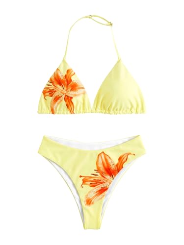Image of RoseSeek Girl's 2 Piece Swimsuits Floral Gingham Halter Triangle Wireless Bikini Bathing Suit