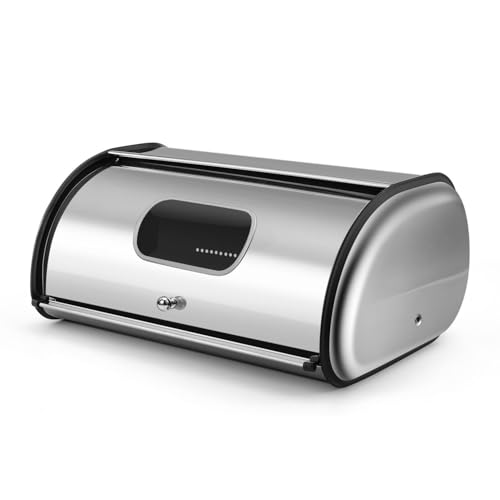 Flexzion Stainless Steel Bread Box For Kitchen Countertop (17 inch) - Kitchen Countertop Metal Bread Storage with Roll Up Lid & Front Window for Restaurant & Homemade Cakes, Buns, Pastries, Pancakes