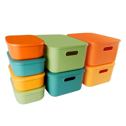 KissDate 4PCS Big and 4PCS Small Storage Boxes With Lids, Stackable Plastic Storage Baskets for Shelves Kitchen Bathroom Playroom Classroom Office Nursery