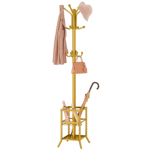 FAVOOSTY Coat Rack Freestanding Coat Rack Stand with Umbrella Holder Metal Coat Tree with 12 Hooks Tree Clothes Hat for Entryway Hallway Bedroom Living Room & Office -Glod