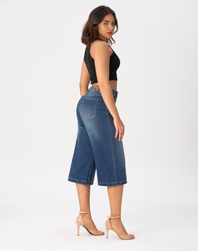 roswear Women’s Wide Leg Capri Pants Stretchy High Waisted Loose Denim Jeans3