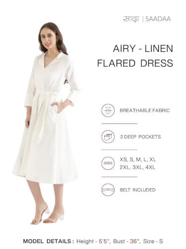 Image of SAADAA Women Cotton-Linen Blend Flared Dress | Midi Dress with 3 /4 Sleeves, Adjustable Waist Belt & Pockets | Below Knee Casual Dress for Office, Travel & Everyday Wear