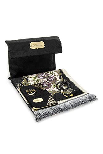 Alfombra de oración musulmana, con cuentas y libro de oración de Yaseen con elegante bolsa de tela de terciopelo,Janamaz,Sajadah,Alfombra de oración islámica suave, tela de chenilla, color negro Cover