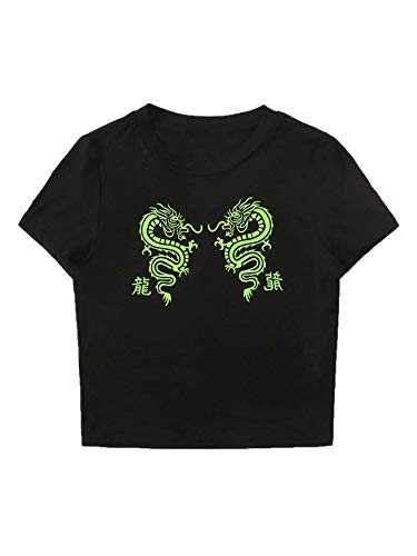 SweatyRocks Women's Summer Casual Short Sleeve Dragon Print Cute Crop Top T-Shirt Black XS