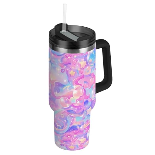 Amooorous Botella de agua aislada al vacío con diseño de estrellas de burbujas de dibujos animados coloridos con tapa y popote, taza de café decorativa para el hogar, la oficina o el coche, vasos