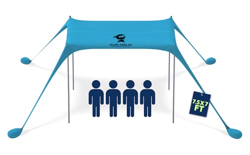SUN NINJA Beach Tent Sun Shelter UPF50+ - Easy Pop Up Beach Canopy - Outdoor Shade for Camping Trips, Fishing, Backyard Fun Picnics - Sand Shovel, Ground Pegs & Stability Poles