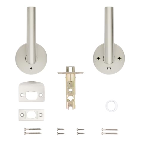 Kwikset Milan Interior Privacy Door Handle with Lock, Door Lever For Bathroom and Bedroom, Satin Nickel Reversible Keyless Push Button Lock Door Lever