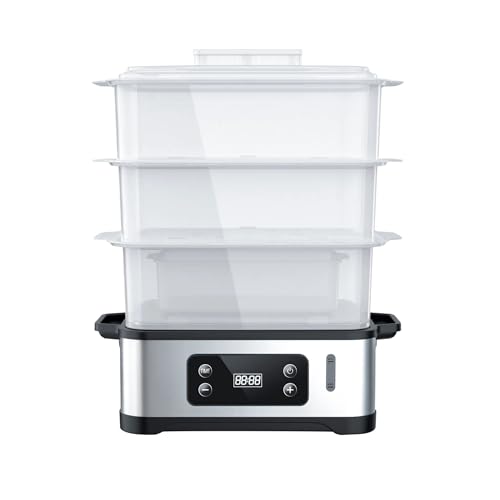 Ambiano Dampfgarer elektrisch Edelstahl TÜV/GS-Zeichen Dampfkocher mit 3 Ebenen inkl. Reisschale 1000 W Abschaltautomatik 12,0l BPA frei (Eckig)