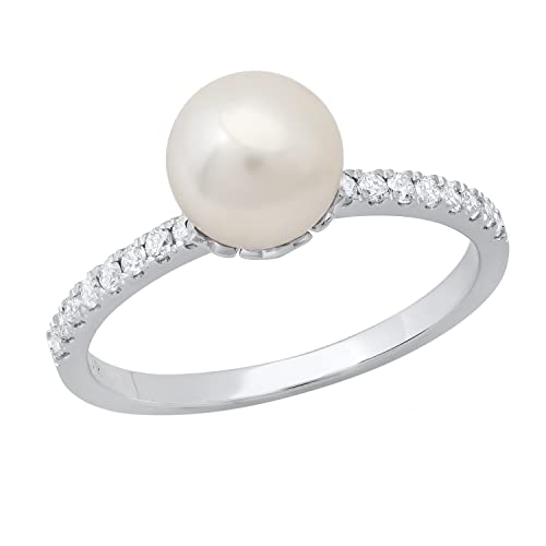 Dazzlingrock Collection 8 Mm Round White Cultured Freshwater Pearl & White Diamond Charming Modern Dainty Engagement Ring For Her | 10K White Gold, Size 7 #TOP20