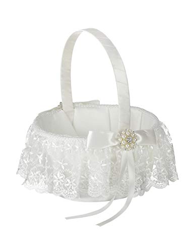 DivaDesigns Wedding Flower Girl Basket Floral Lace Skirt Crystal Faux Ribbon - 628 White Large