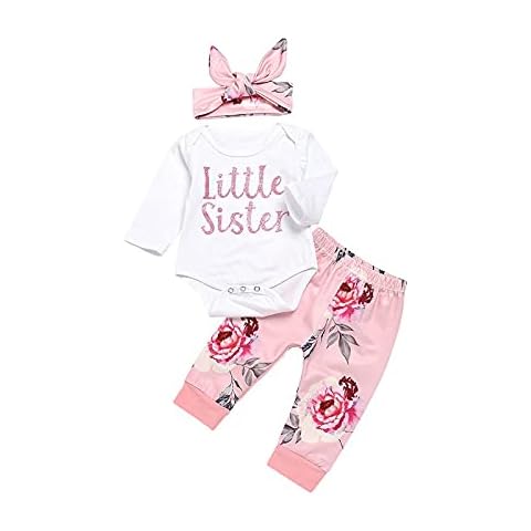 Afocuz 3Pcs Newborn Baby Girl Outfits Long Sleeve Little Sister Romper Top and Floral Printed Pants with Headband (12-18 Months, White) Cover