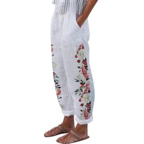 Hanaturu Baggy Linen - Pantalones capri para mujer, cintura elástica, cordón, ajuste holgado, pantalones de salón, pantalones de secado rápido con bolsillos, 02-rojo, M