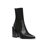 Lvemas Womens Chunky Stacked Heel Ankle Boots Pointed Toe Booties Slip On Ribbed Knit Sock Boot