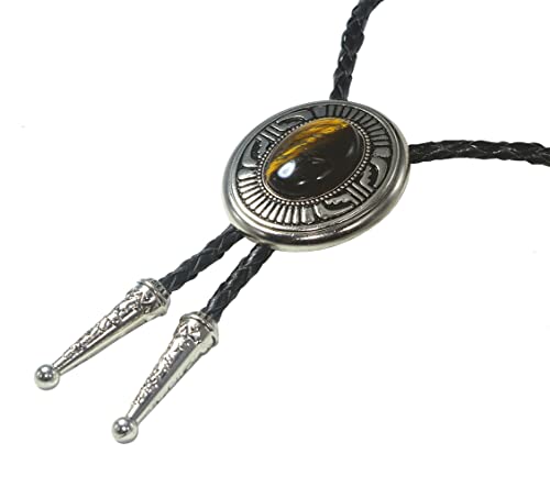 Image of Moranse Bolo Tie with Natural Tiger Eye Stone Celtic Style Genuine and Cowhide Rope