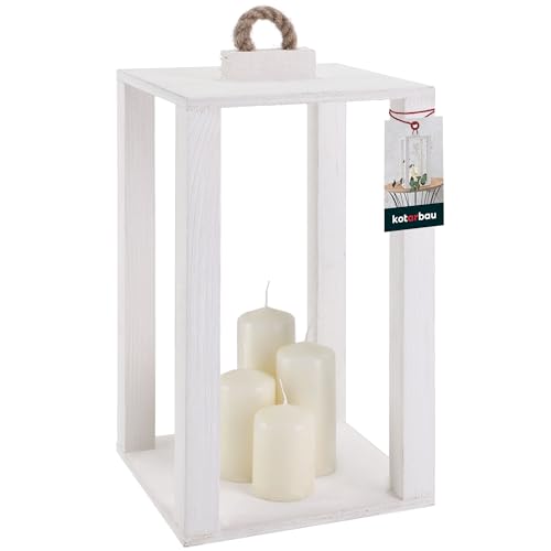 KOTARBAU® Lanterna in legno bianca, 20 x 20 x 34,5 cm, lanterna da giardino, lanterna in legno, lanterna per esterni e interni, per soggiorno, per fiori e candele, lanterne per matrimoni