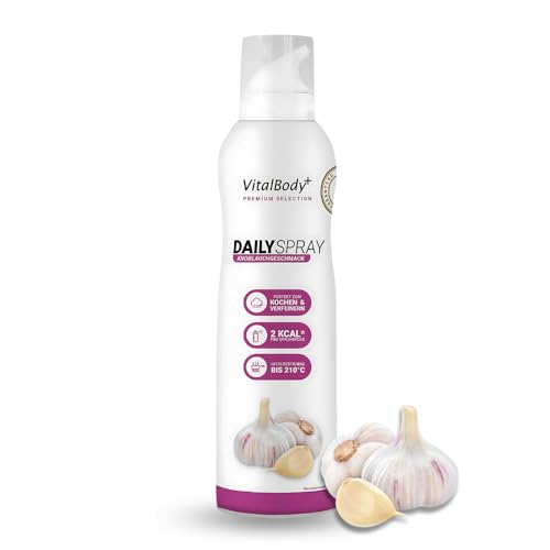 VitalBody+ DailySpray Rapsöl mit Knoblauchgeschmack – 2 kcal Ölspray für Airfryer, Braten & Grillen – Kalorienarm Kochen – Non-stick Cooking Spray, 800 Portionen