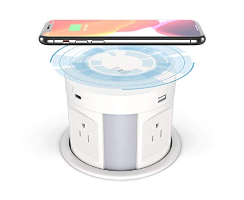 BTU Automatic Pop Up Sockets, Retractable Recessed Power Strip, Surge Protector Power Strip with 4 AC Plug + Type-A and Type-C USB Port and Wireless Charger, Pop Up Outlets for Kitchen Counters, White