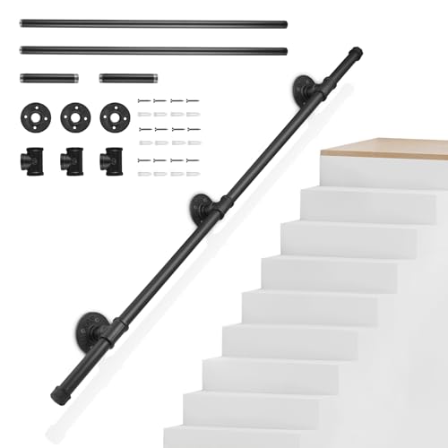 Pasamanos Escalera, Sunowl 1,2M Barandilla para Escalera Interiores y Exteriores, Barandillas Metal Antideslizantes Seguridad, Negro Acero Galvanizado Barandillas para Escaleras, Baño, Jardín