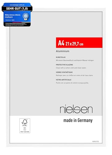 nielsen Bilderrahmen, 21 x 29,7 cm (A4), Aluminium, Weiß matt, Dokumentenrahmen zum Aufhängen im Hoch- & Querformat, bruchsicheres Kunstglas, Atlanta