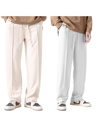 SAVAYO Pack of 2 (Combo Deal) Men's Baggy Korean Style Track Pants | Wide Leg Flared Trousers for Men | Relaxed Fit Streetwear Joggers (in, Alpha, L, Regular, Standard, Cream & White)