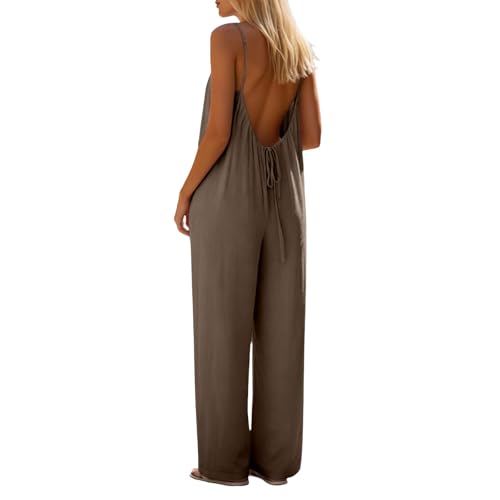 Novlewign Women Summer Jumpsuits Cotton Linen Spaghetti Strap Overalls Backless Wide Leg Loose Casual Rompers with Pockets