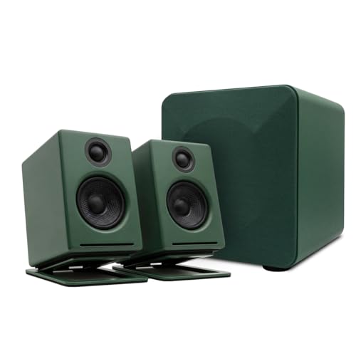 Image of Audioengine A2+ Bluetooth Computer Speaker Bundle - Compact Desktop Speakers for PC & Laptop with S6 Subwoofer and DS1M Speaker Stands in Green