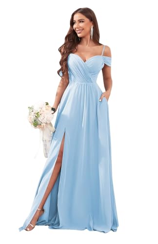 Image of Sukleet Women's Off Shoulder Bridesmaid Dresses Long Slit Chiffon Pleated Evening Formal Dress with Pockets