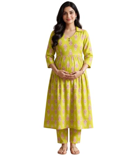 Image of DUMMY SHAPE Maternity Dresses for Women Cotton | Floral Kurta Pant Dupatta Set with Nursing Zippers, Side Pocket | Pre & Post Pregnancy | Feeding Kurti Suit | Baby Shower | Gifts for Pregnant Woman