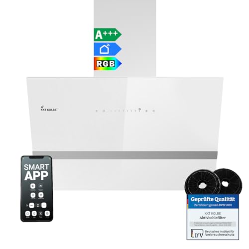 Cappa aspirante 60 cm/Cappa Cucina Inclinata/acciaio inossidabile/vetro bianco/WiFi/auto spegnimento/Illuminazione LED RGBW/Operazione di tocco / EASY6005WM