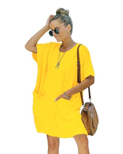 Image of Women's Casual Summer T Shirt Dress Elastic Loose Short Sleeve Dress with Pocket for Women