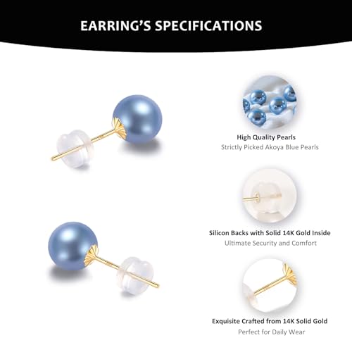 14K Solid Gold AKOYA Pearl Stud Earrings - Round Cultured Blue/Golden Pearls - Hypoallergenic Everyday Jewelry for Women - Luxrious Jewelry Gifts for Her2