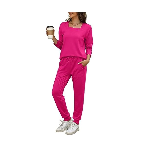 Bofell Womens 2 Piece Outfits for Women Square Neck Sweatsuits Sets Fall Pink S - Image 3