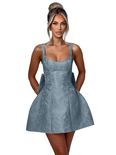 Image of Satin Plus Size Short Homecoming Dresses for Teens 2025 V Neck Bow Dusty Blue Lace Up Mini Backless A Line Cocktail Party Gown for Juniors US26W