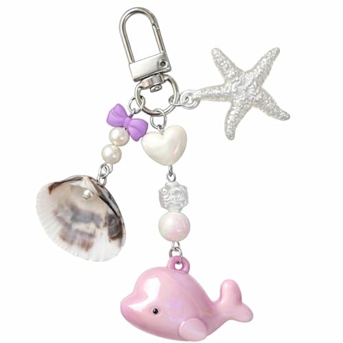 Tarini Whale Keychain, Beach Keychain, Bag Charms, Whale Seashell Keychain, Ocean Starfish Beach Bag Charm – Pastel Whimsical Key Ring Gift for Women Girls Beach Lovers, Daily Accessory