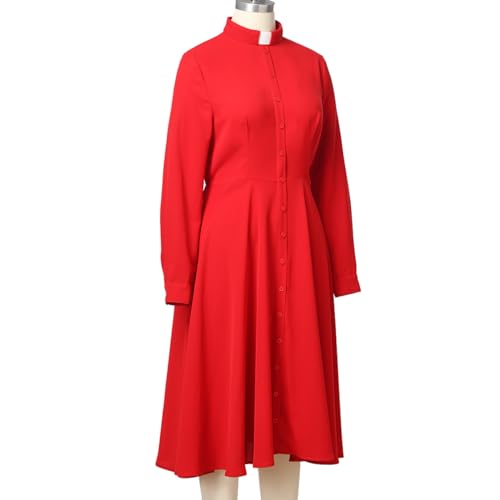 Image of FAD-4U Church Clergy Dress for Women Long Sleeve Rows Buttons A Line Dress with Tab Collar