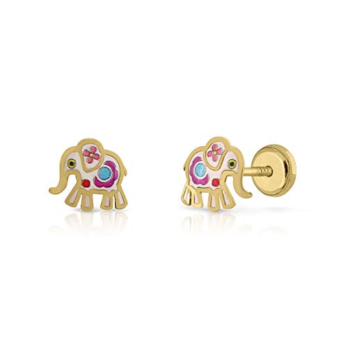 Pendientes de oro de elefante con esmalte vitrificado y cierre de seguridad para niña
