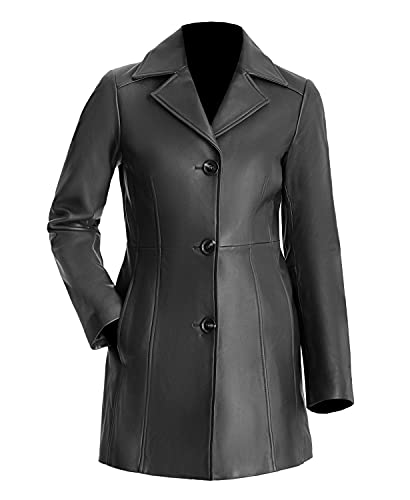 TIPTOP Trench Leather Coat For Women Genuine Leather 3-Button Long Coat Black and Brown