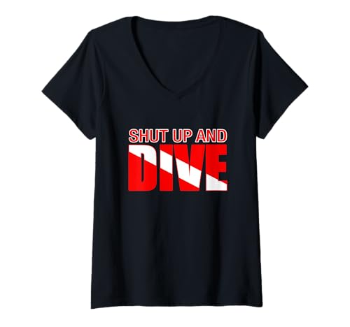 Womens Shut Up and Dive Scuba Diver Down Flag Diving V-Neck T-Shirt