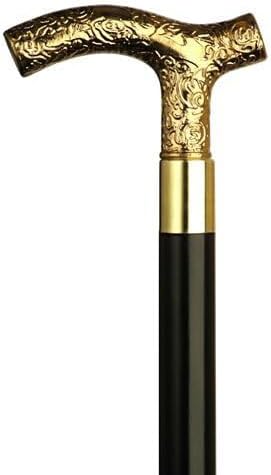 Bastón – Oro señorías de plástico Embossed Derby mango con forma, Color negro mango de madera, punta de goma 36" larga con acabado dorado.