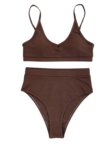 SOLY HUX Women's Scoop Neck High Waisted Ribbed Knit Bikini Set 2 Piece Bathing Suit Swimwear