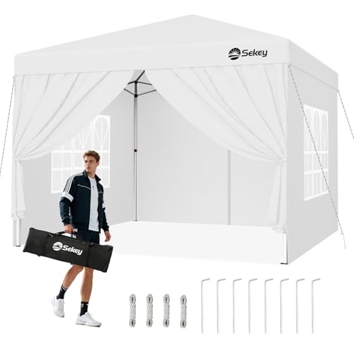 Sekey Pop Up Gazebo with Sides 3m x 3m, Heavy Duty Gazebo with Carry Bag, Instant Setup, Waterproof 1000mm - Marquee Garden Party Tent Outdoor, (White, 3x3 with Sides)
