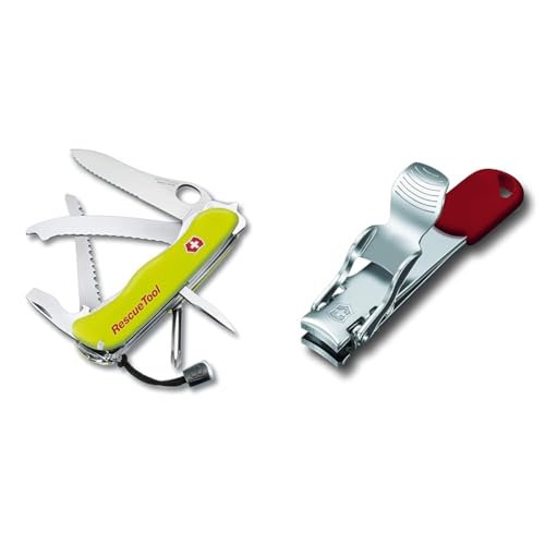 Victorinox Rescue Tool Navaja con 15 funciones, incluyendo sierra cortavidrio y rompecristales & Nail Clipper Cortaúñas con 2 funciones, cortaúñas y agujero para colgar un cordón, de color rojo