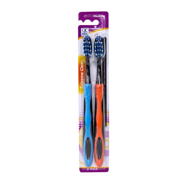 Quality Choice Medium Bristle Toothbrushes 2 Pack Ergonomic Comfort Grip Handles Compact Head Design for Hard to Reach