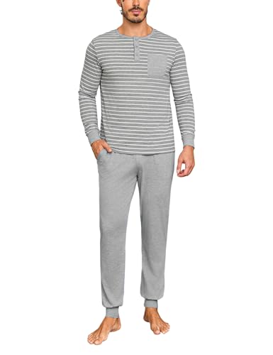 Leversic Pijama Invierno Hombre Manga Larga Conjunto de Pijama Algodón Camisetas Henley con Pantalones de Pijama de Cuerpo Entero