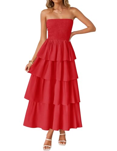 ZESICA Women‘s Summer Boho Strapless Maxi Dress 2026 Casual Sleeveless Off Shoulder Smocked Tiered Beach Long Sundress,Red,Small